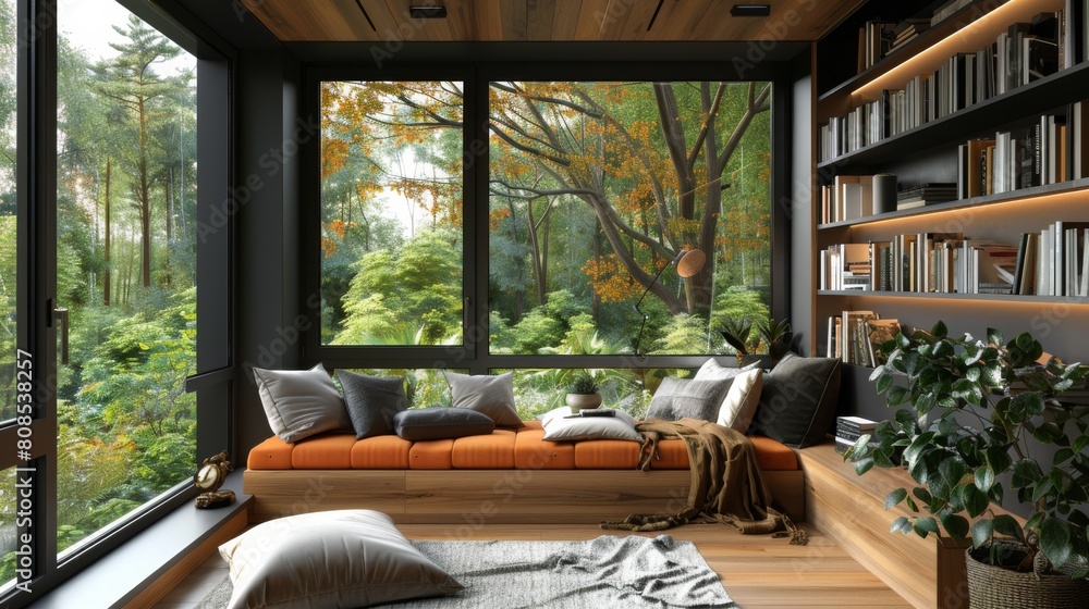 Realistic 3D rendering of a Scandinavian-inspired study room with a cozy reading nook beside a black window overlooking a forest. Realistic 3D rendering of a Scandinavian-inspired study room with a cozy reading nook beside a black window overlooking a forest.