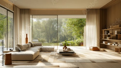 Realistic 3D rendering of an airy, open living room with minimalist furniture, large sliding doors opening to a garden, and soft, ambient light.