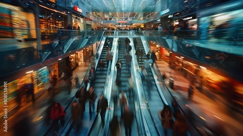 Abstract motion blur image of anonymous people crowd walking at modern busy shopping mall with shopping bags, timelapse trendy urban city escalator background, retail commerce sale discount business. photo