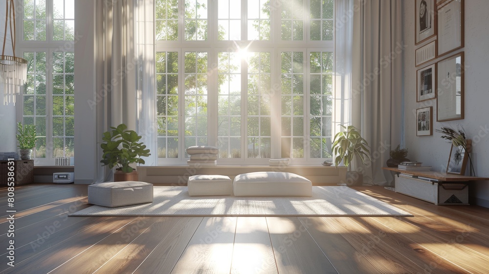 Fototapeta premium Realistic 3D rendering of a minimalist living room with big windows, sunlight streaming in, creating a warm, inviting atmosphere with a white color scheme.