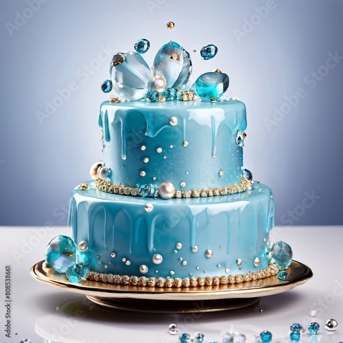 cyan color Cake with gem and diamonds on top, gem and diamonds decorating cake, silver ball side, worthy nice sky blue cake design with beautiful light background, value gold cake design cyan colors