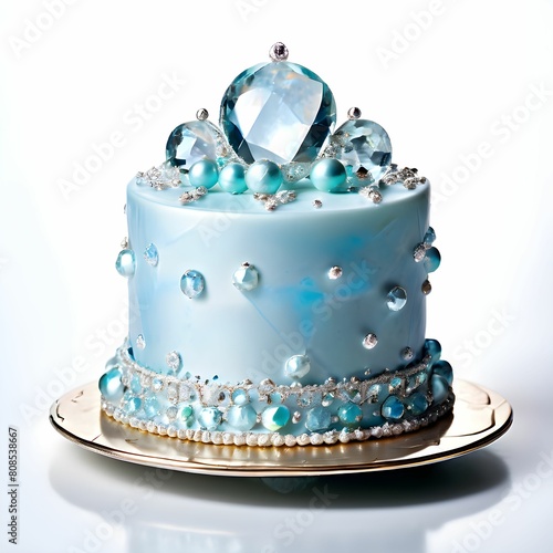 cyan color Cake with gem and diamonds on top, gem and diamonds decorating cake, silver ball side, worthy nice sky blue cake design with beautiful light background, value gold cake design cyan colors