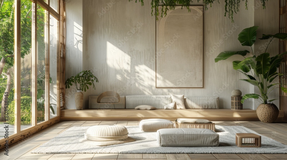 Realistic 3D rendering of a Japan style living room with a clean aesthetic, featuring a wall-mounted minimalist artwork and tranquil natural lighting. Realistic 3D rendering of a Japan style living room with a clean aesthetic, featuring a wall-mounted minimalist artwork and tranquil natural lighting.