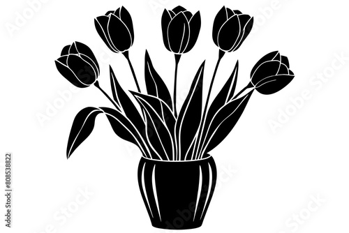 tulips in vase silhouette on white background, Vector illustration, silhouette, bird, icon, svg, characters, Holiday t shirt, Hand drawn trendy Vector illustration, Rose flower