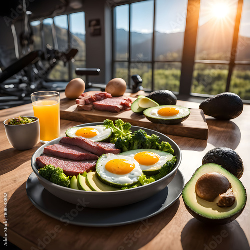 breakfast with fried eggs and bacon - ketogenic meal on one side with avocados over easy eggs broccoli and grass fed beef alongside a