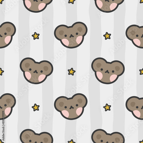 Cute hand drawn teddy bears seamless pattern with grey stripes and stars, neutral kids background