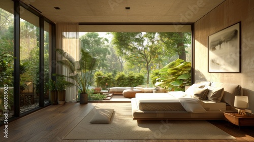 Realistic 3D rendering of a bright  airy bedroom with minimalist decor and full-height windows overlooking a tranquil forest  creating a peaceful retreat.