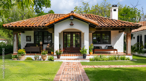 mediterranean home with well-maintained clay tile roof, Beautiful modern wooden house with stained glass windows, view from the green lawn,Sunny exterior view of the Grand Home   © samar