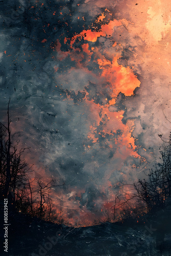 Fiery Eruption Amid Turbulent Skies: A Dramatic Depiction of Primal Forces Unleashed
