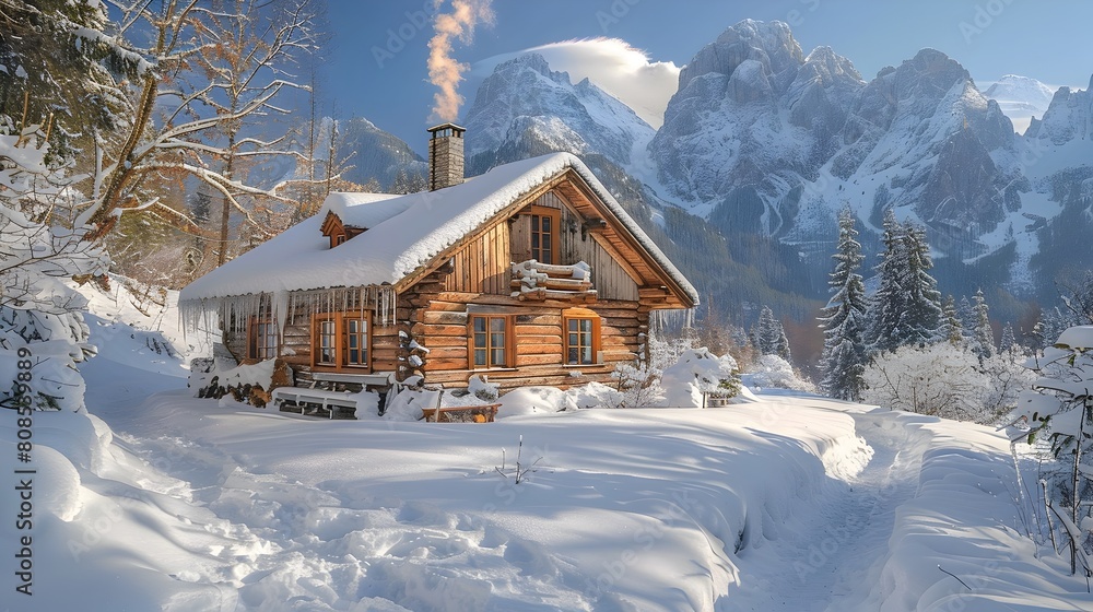 Rustic Log Cabin Nestled in a Snowy Alpine Wonderland with Majestic Mountain Views and a Cozy