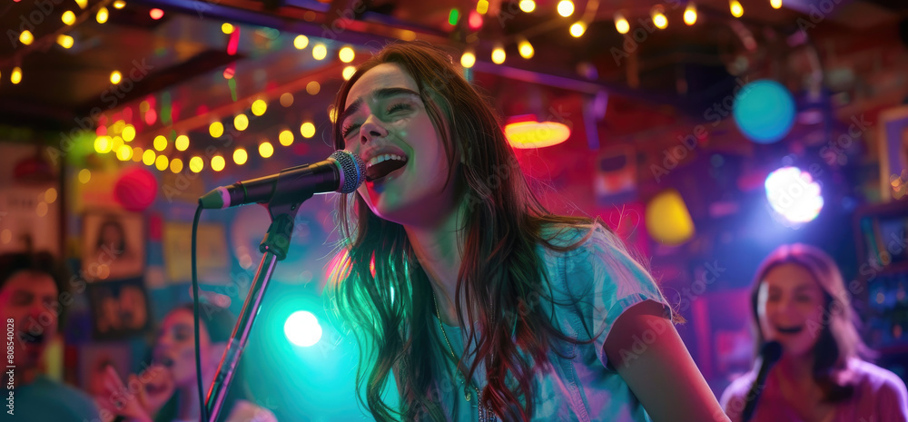 a beautiful girl singing at the front microphone at night club, with a happy facial expression, wearing a casual outfit with colorful lights and a party vibe