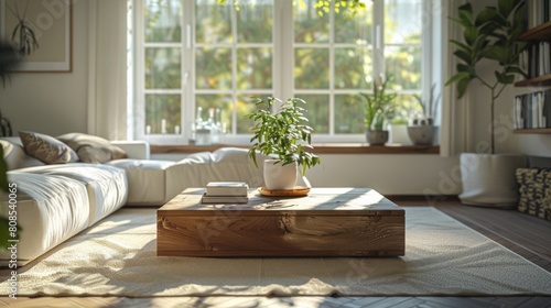 Realistic 3D image of a Scandinavian living room featuring a cubic wooden coffee table and white seating, bathed in the soft light of an overcast day.