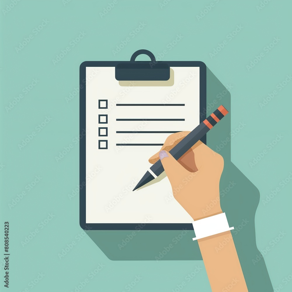 A hand holding a pen writing on a clipboard A hand holding a pen writing on a clipboard