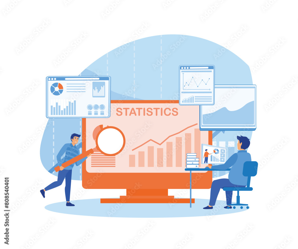 Statistical and Data analysis for business finance investment concept with business people team working on monitor graph dashboard. flat vector modern illustration Statistical and Data analysis for business finance investment concept with business people team working on monitor graph dashboard. flat vector modern illustration