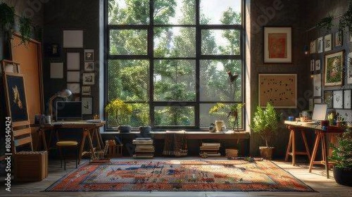 Realistic 3D image of a Scandinavian art studio with natural lighting  clean decor  and a black window that offers inspiration through a forest view.