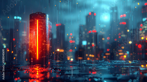 Futuristic Cityscape with Glowing Sodium-Ion Battery and Dynamic Energy Trails