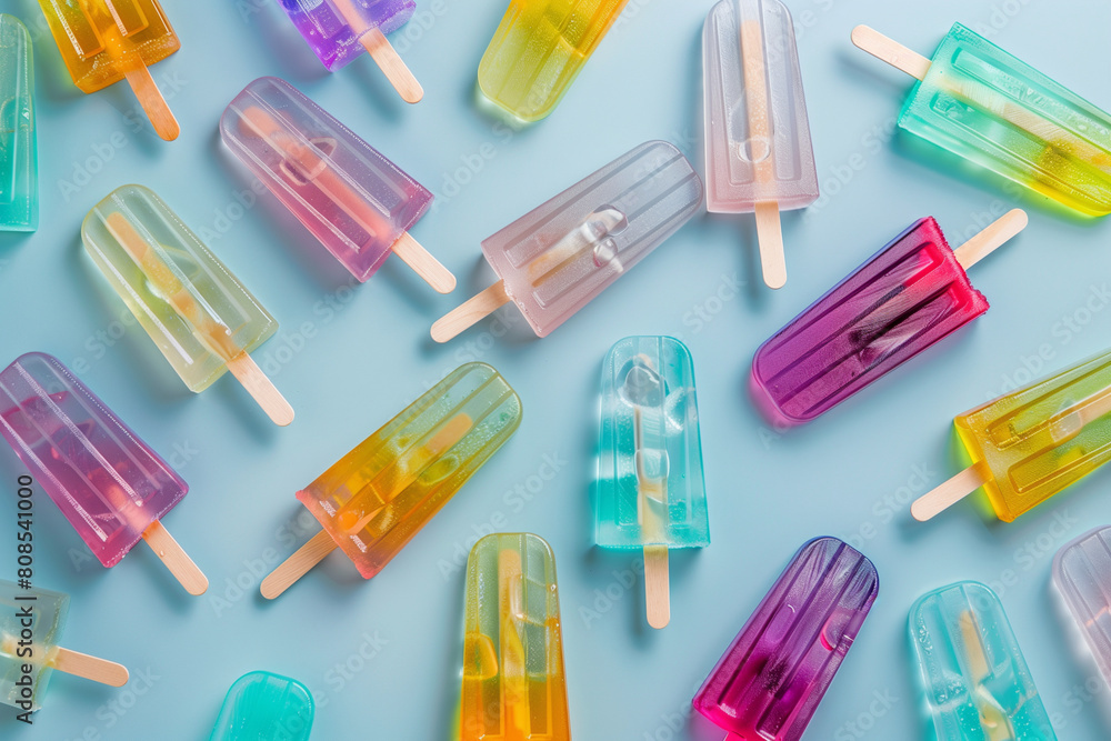 A row of colorful ice cream sticks with pink and blue drips of paint on them. Concept of fun and creativity A row of colorful ice cream sticks with pink and blue drips of paint on them. Concept of fun and creativity