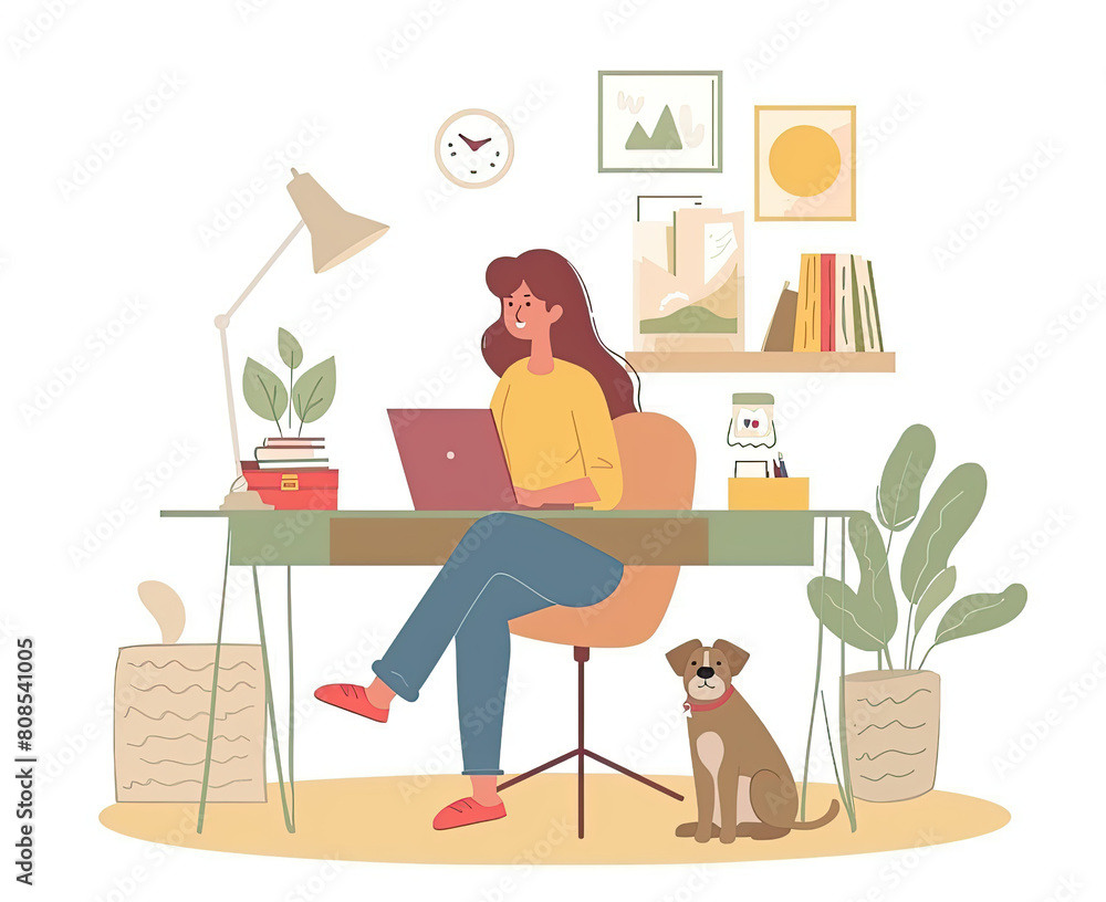 young woman working on laptop at home,cute small dog besides work from home, stay safe during coronavirus covid2019 concpt