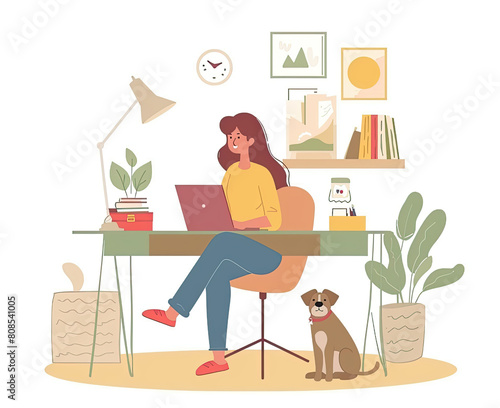 young woman working on laptop at home,cute small dog besides work from home, stay safe during coronavirus covid2019 concpt photo