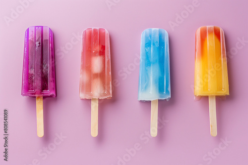 A row of colorful ice cream sticks with pink and blue drips of paint on them. Concept of fun and creativity