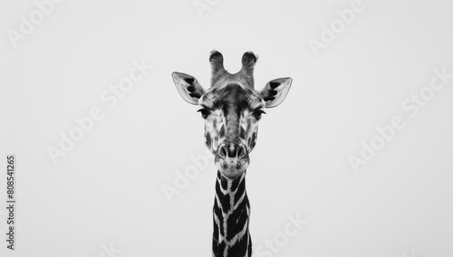 Frame the minimalist majesty of a solitary giraffe, its elongated neck reaching towards the heavens against the pure white backdrop, evoking a sense of wonder and awe.