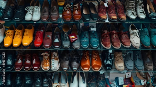 Assortment of shoes on the showcase of a shoe store. Shoe Paradise Variety on Display. Step into Style Array of Shoes