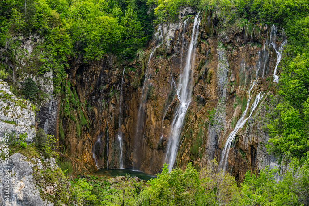 Naklejka premium Waterfall in the Plitvice Lakes National Park. One of the most popular travel destination in Croatia.