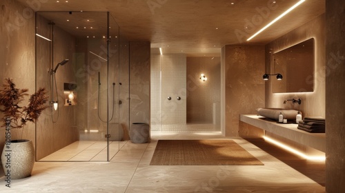 Realistic 3D image of a modern bathroom with a neutral color palette  featuring a large  open shower area and ceiling-integrated lighting.