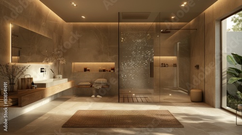 Realistic 3D image of a modern bathroom with a neutral color palette  featuring a large  open shower area and ceiling-integrated lighting.