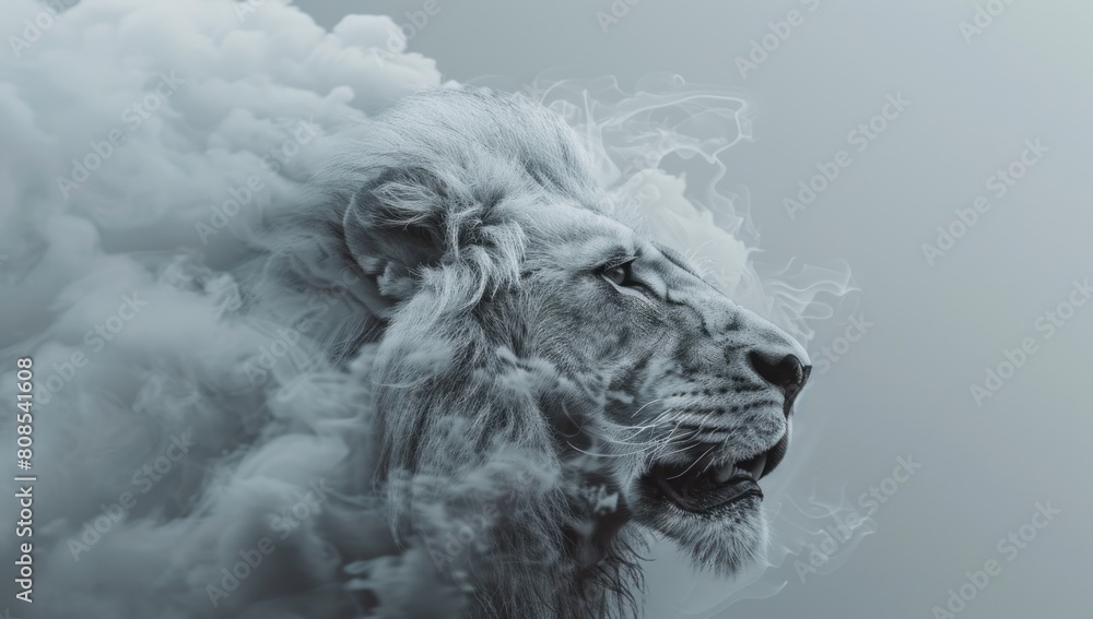 Freeze the moment of a minimalist lion in mid-roar, its mane billowing in the wind against the clean white canvas, symbolizing power and authority in its rawest form. Freeze the moment of a minimalist lion in mid-roar, its mane billowing in the wind against the clean white canvas, symbolizing power and authority in its rawest form.