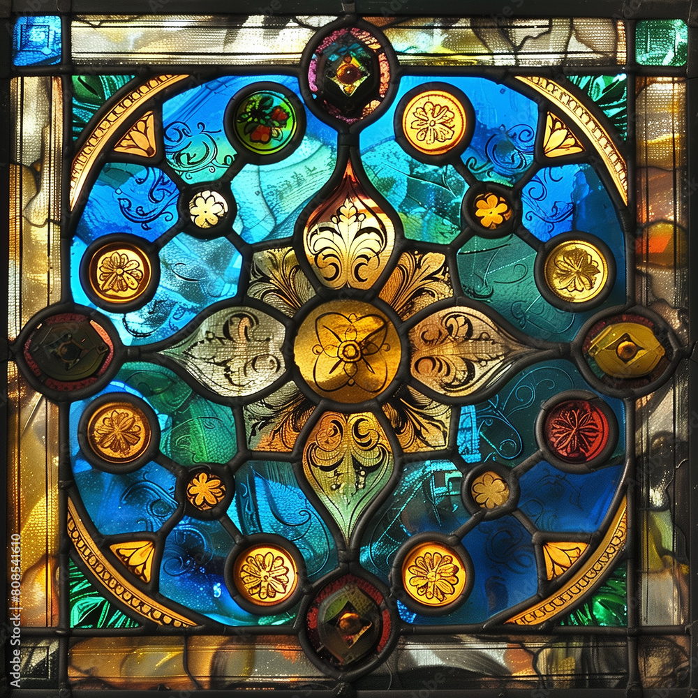 arafed glass window with a clock and a clock face