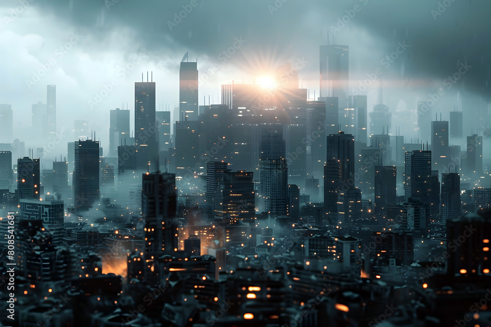 Gloomy Cityscape Illuminated Amidst Economic Recession and Social Upheaval