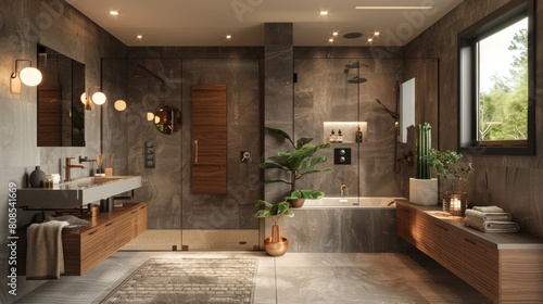 Realistic 3D image of a modern bathroom designed for accessibility, featuring wide doors, a barrier-free shower, and ample lighting for safety and style. © G.Go