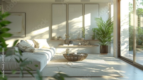 Realistic 3D image of a minimalist living room with the latest in modern decor  sunlight enhancing the clean aesthetics and white color theme.