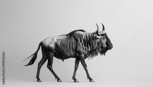 Illuminate the minimalist elegance of a wildebeest in motion  its sturdy legs propelling it forward against the blank canvas  symbolizing determination and progress.