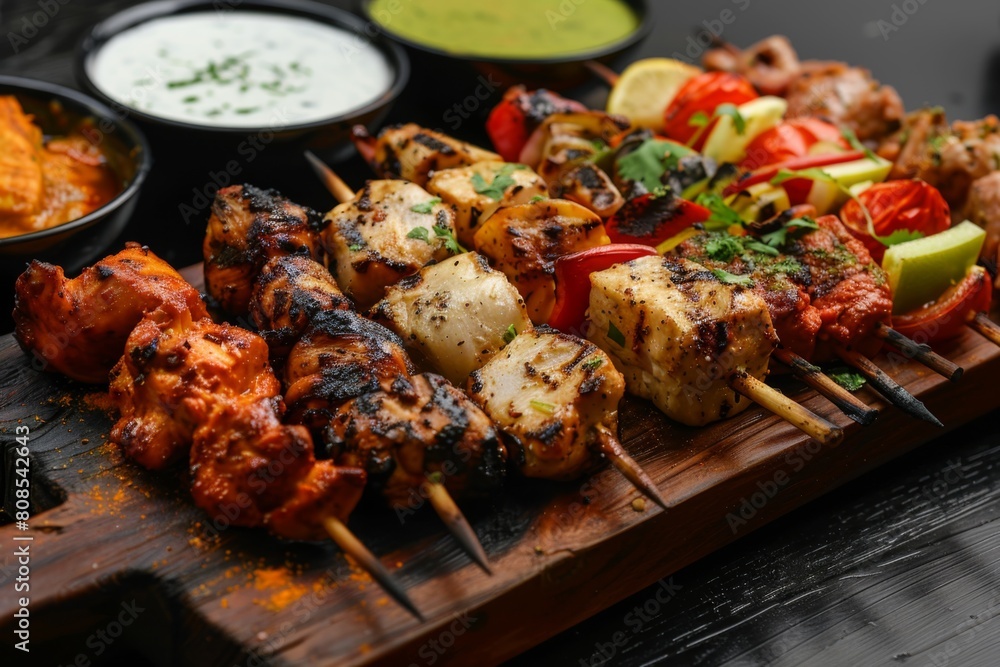 chicken kebabs served on a rustic wooden platter chicken kebabs served on a rustic wooden platter