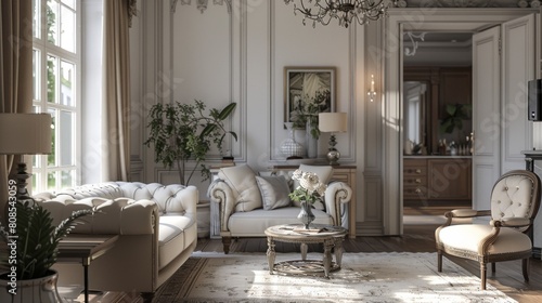 Realistic 3D image of a living room with a Parisian flair, featuring elegant furniture, sophisticated decor, and a neutral color scheme. © G.Go