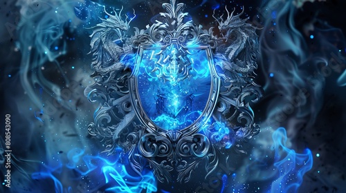 
Drawing illustration of a coat of arms surrounded by a silver frame with magical elements, inside a transparent glass dragon with dark eye caves spitting blue fire surrounded by blue flames photo