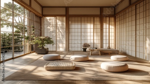 Realistic 3D image of a Japan living room with sliding shoji screens  minimalist furnishings  and diffuse light for a calming  uncluttered space.