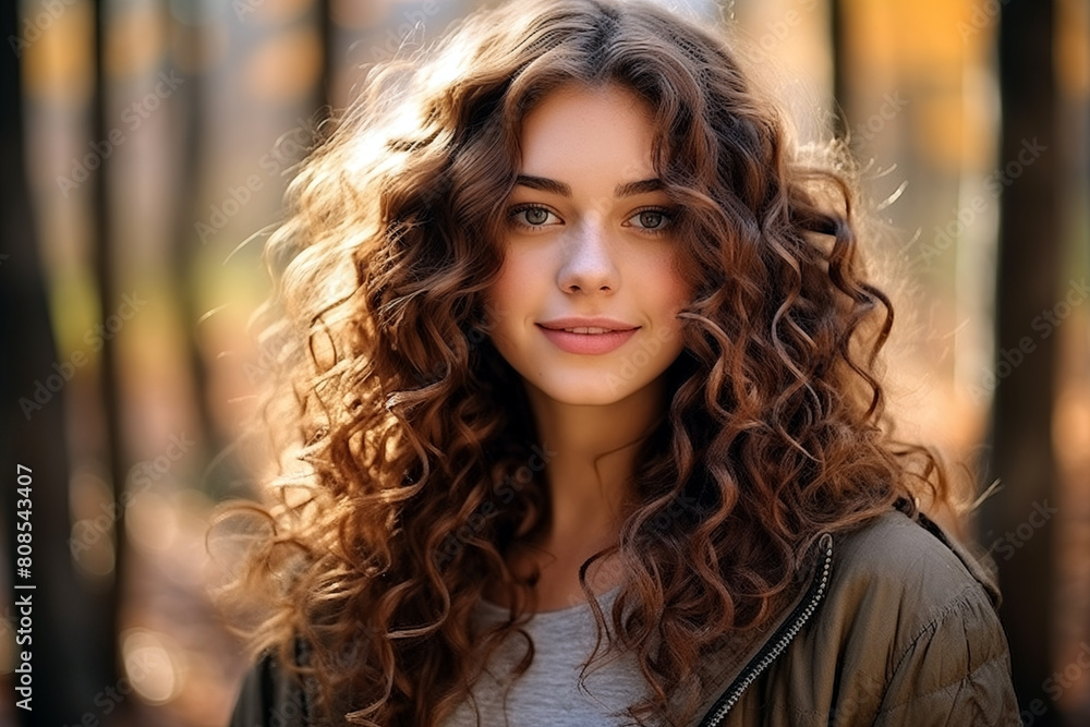 Portrait of a beautiful girl with curly hair in the autumn park Portrait of a beautiful girl with curly hair in the autumn park