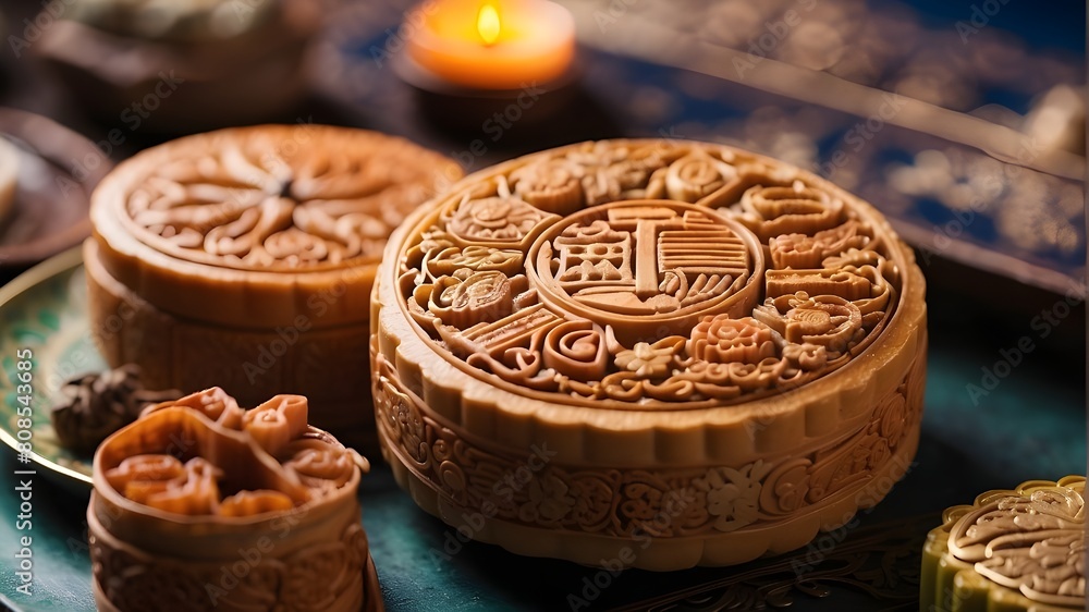 :A close up shot on the intricate details on a traditional mooncake - :A close up shot on the intricate details on a traditional mooncake -