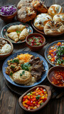 Savory Spread of Traditional Uzbek Cuisine: Colorful Array of Plov, Manti, Somsa, and Lavash
