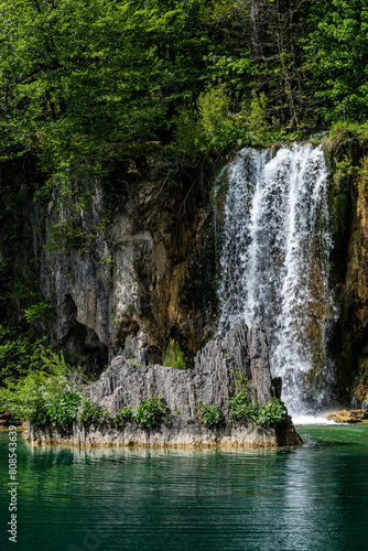 Waterfall in the Plitvice Lakes National Park. One of the most popular travel destination in Croatia.