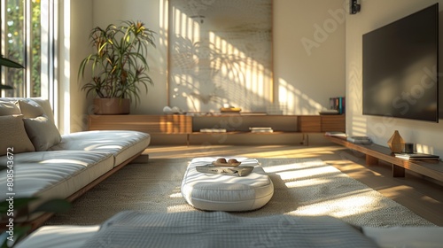 Realistic 3D image of a contemporary living room designed with simplicity in mind, where direct sunlight brightens the space and highlights minimalistic details. photo