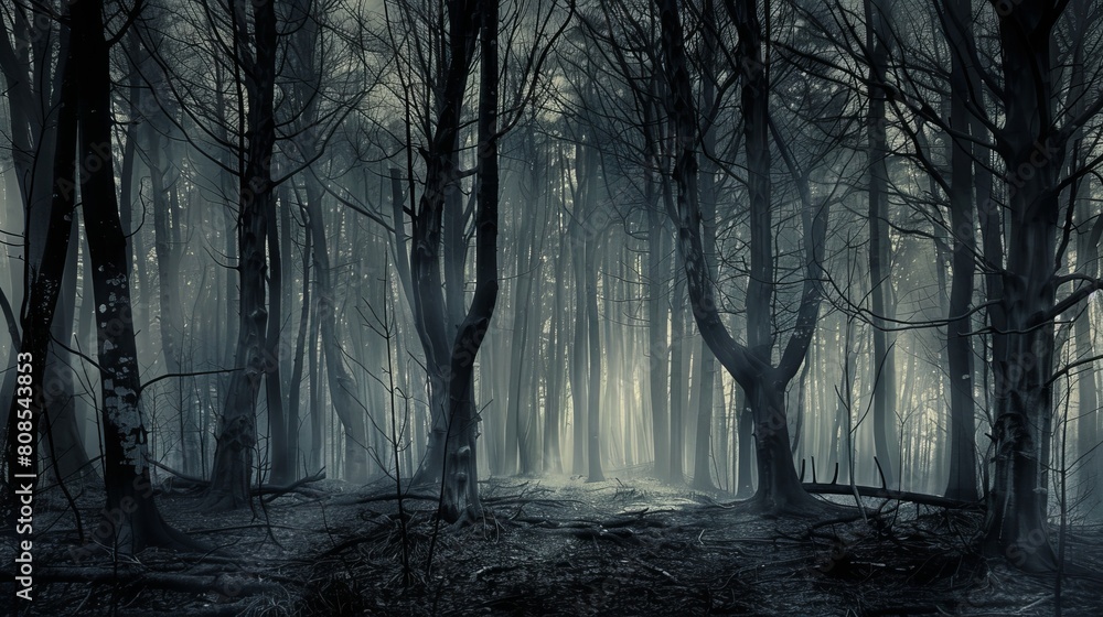 Fototapeta premium Outdoor photo of spooky black and white forest