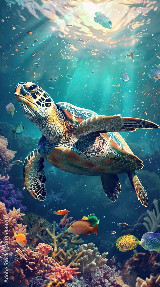 Obraz premium A sea turtle swimming gracefully in the deep ocean, surrounded by vibrant coral reefs and colorful fish