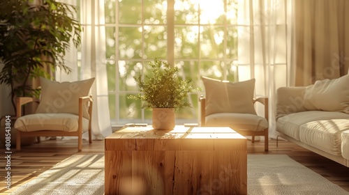Realistic 3D image of a clean and stylish living room with a cubic wooden coffee table  white sofa  and armchairs  illuminated by morning light filtering through sheer curtains.