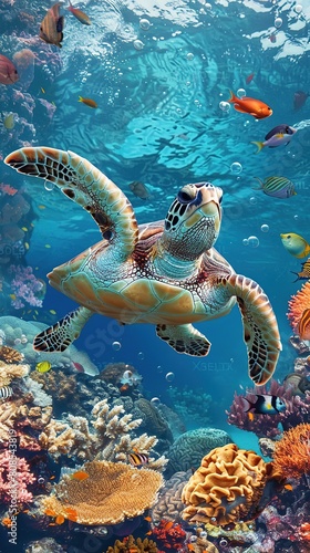 A sea turtle swimming gracefully in the deep ocean, surrounded by vibrant coral reefs and colorful fish