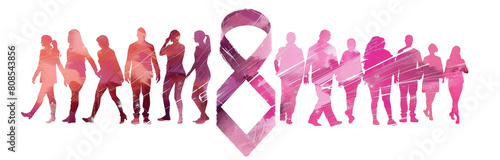 Breast cancer awareness campaign banner background with pink ribbon  logo and people silhouette  cut out  isolated on transparent background. 