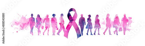 Breast cancer awareness campaign banner background with pink ribbon  logo and people silhouette, cut out, isolated on transparent background. 